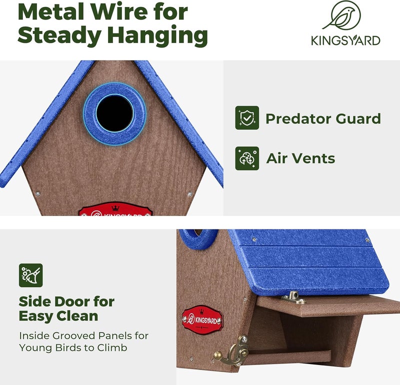 Kingsyard Recycled Plastic Bird House for Outdoors - Hanging Nesting Box with Predator Guard & Air Vents for Wren Finch Chickadee, Blue - Image 4